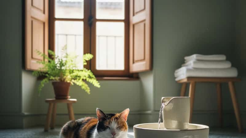 Chat domestique se reposant sur le carrelage frais d'une salle de bains à Bordeaux, refuge estival naturel pour les félins