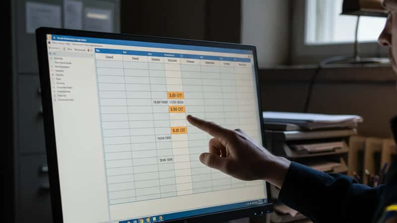 Polis vid digital tidregistreringsskärm i Örebros polisstation pekar på övertidstimmar markerade i gult