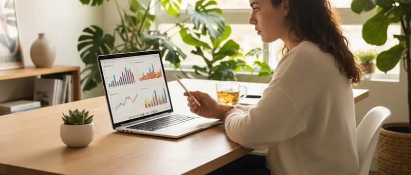 Jovem brasileira comparando opções de investimento em laptop no home office