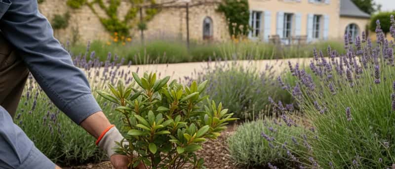 Gartner planter en busk i norsk hage med plantegningsplan og verktøy på bakken