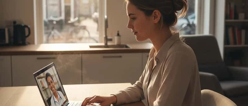 Jonge vrouw raadpleegt online gezondheidsexpert via laptop aan de keukentafel