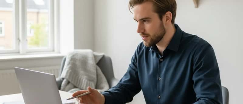 Dansk iværksætter sammenligner fakturaer på laptop i et minimalistisk kontor