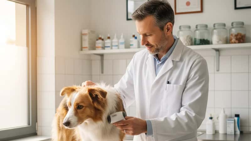 Vétérinaire scanant la micropuce d'un chien adopté sur une table d'examen dans une clinique vétérinaire suisse à Berne