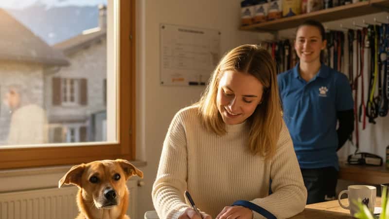 Femme signant un contrat d'adoption de chien dans un refuge animalier à Genève, chien en laisse à ses côtés