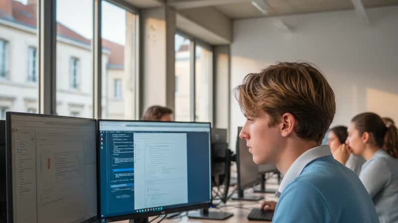 Étudiant en BUT Informatique travaillant sur un projet technique dans un laboratoire d'IUT à Grenoble