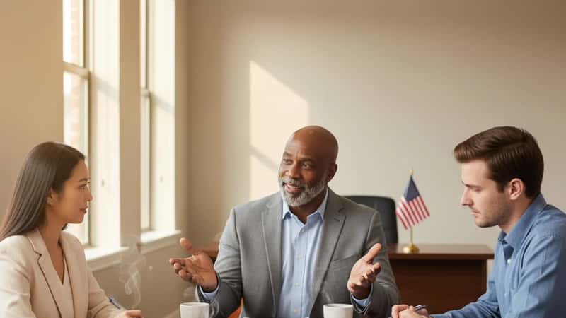 A mediator in an Austin community dispute resolution center facilitates a landlord-tenant negotiation across a round table