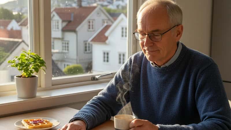 Norsk 60-åring med grått hår planlegger sommerferie ved kjøkkenbordet hjemme i Trondheim