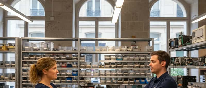 Suomalainen nainen ojentaa kannettavan tietokoneen korjaamolle Tampereella