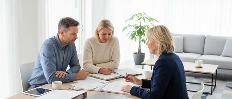 Dansk par gennemgår økonomiske dokumenter med en familieretsadvokat i et lyst mødelokale
