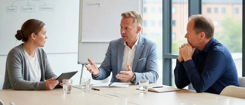 Professionel mediator faciliterer en rolig samtale mellem to personer i et moderne dansk kontor