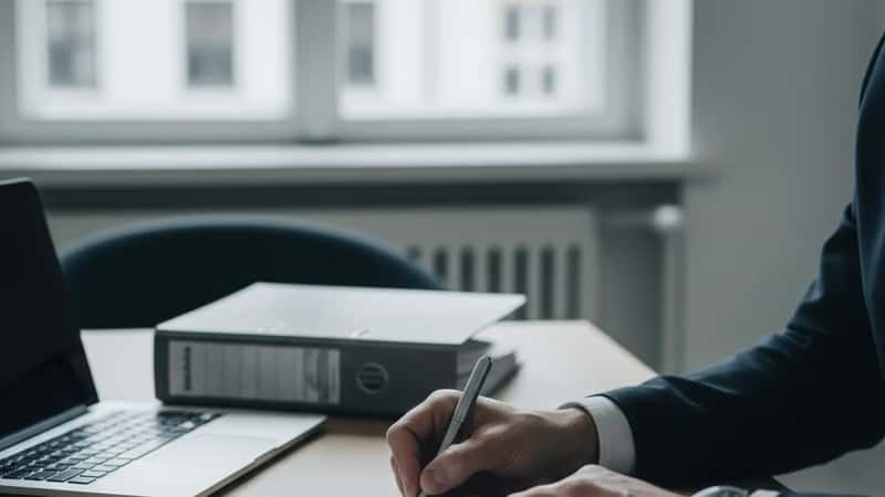 IT-Sicherheitsberater in Hamburg unterzeichnet NIS2-Compliance-Dokumentation am Büroschreibtisch