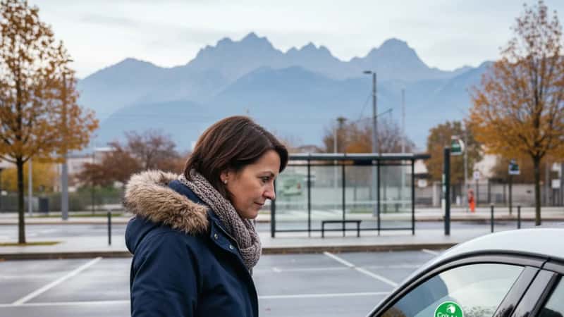 Conductrice vérifiant l'étiquette Crit'Air de son véhicule près d'un arrêt de tramway à Grenoble, massif de Belledonne en arrière-plan