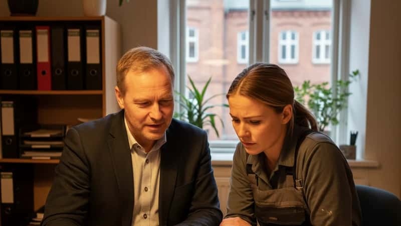 Norsk fagforeningsrepresentant i Trondheim gjennomgar oppsigelsesdokument med renholder i konsultasjonsmotet