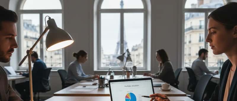 Financial documents and portfolio charts spread across a light wood desk with a laptop showing investment allocations