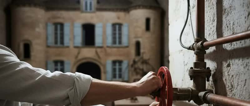 Mains tournant fermement une vanne d'arrêt rouge dans un sous-sol québécois avec des tuyaux de cuivre