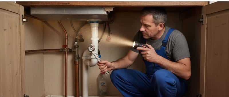 Plombier professionnel réparant des tuyaux en cuivre sous un évier de cuisine