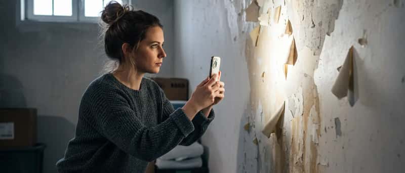 Québécoise photographiant un dégât d'eau sur un mur de sous-sol avec son téléphone pour documenter le sinistre