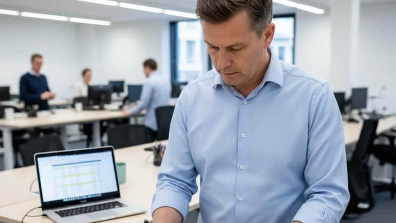 HR-chef i Randers kommunal forvaltning udfylder fritvalgslønkonto-formular ved stående skrivebord