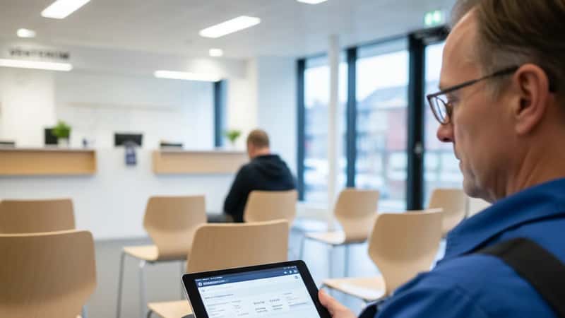 Norsk renholder i Bergen NAV-kontor ser pa pensjonskonto med AFP og tjenestepensjon pa tablet