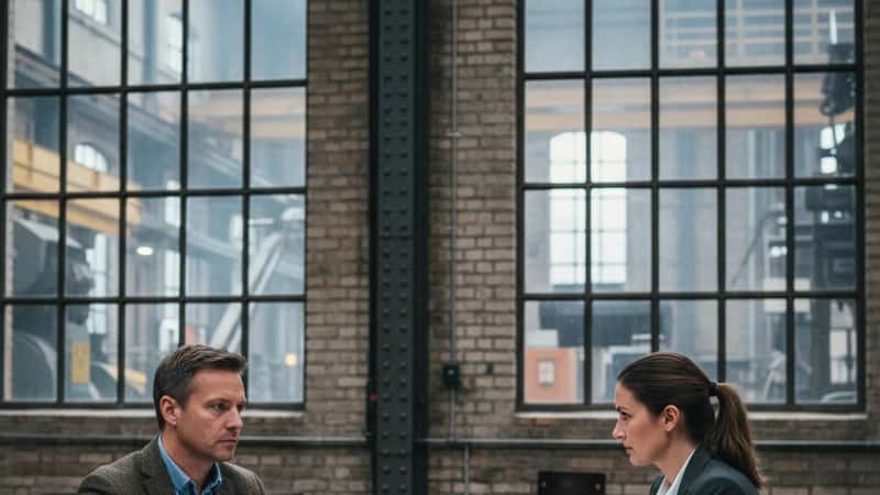 Unionen-representant och HR-chef vid ett förhandlingsbord i ett industriföretag i Västra Götaland, avtalshandlingar framspridda, mulet dagsljus