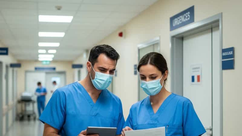 À Marseille, deux professionnels de santé en masques chirurgicaux consultent des dossiers médicaux dans un couloir d'hôpital, éclairage fluorescent clinique