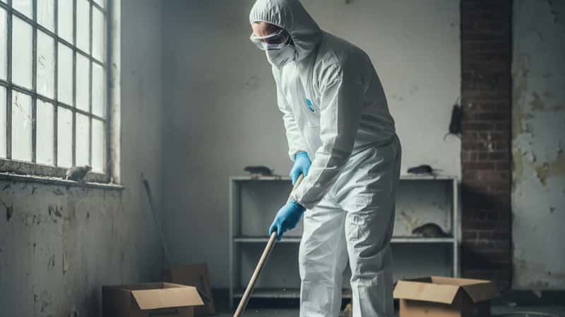 À Lyon, gros plan d'une personne portant un masque FFP2 et des gants jetables lors du nettoyage d'un local infesté de rongeurs, vêtements de protection visibles