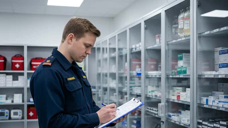 Ensihoitaja tarkastaa lääkekaapin inventaariota tukikohdassaan Oulussa