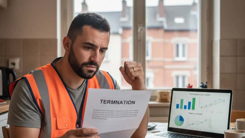 Travailleur logistique français en gilet de travail lisant une lettre de licenciement à la table de sa cuisine à Roubaix, expression préoccupée, graphique de performance visible sur l'écran de son ordinateur