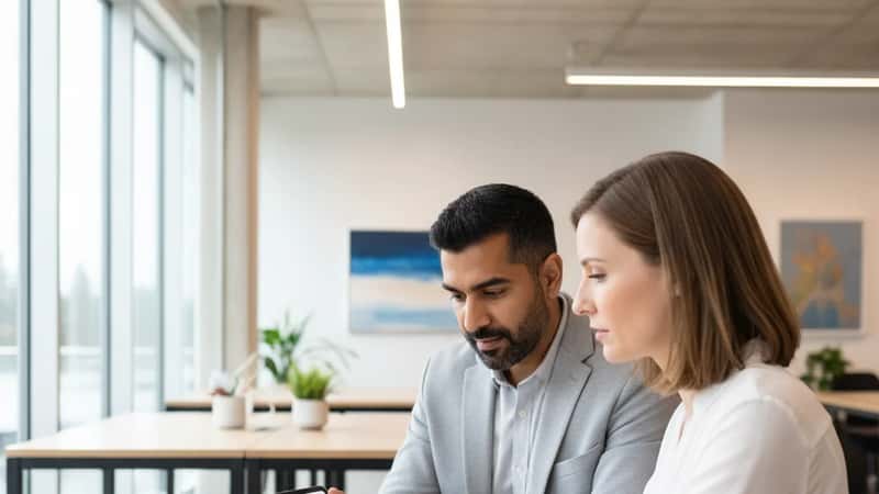 Two compliance professionals in a Vancouver tech startup office reviewing a data privacy audit on a tablet — collaborative analysis of CPPA requirements