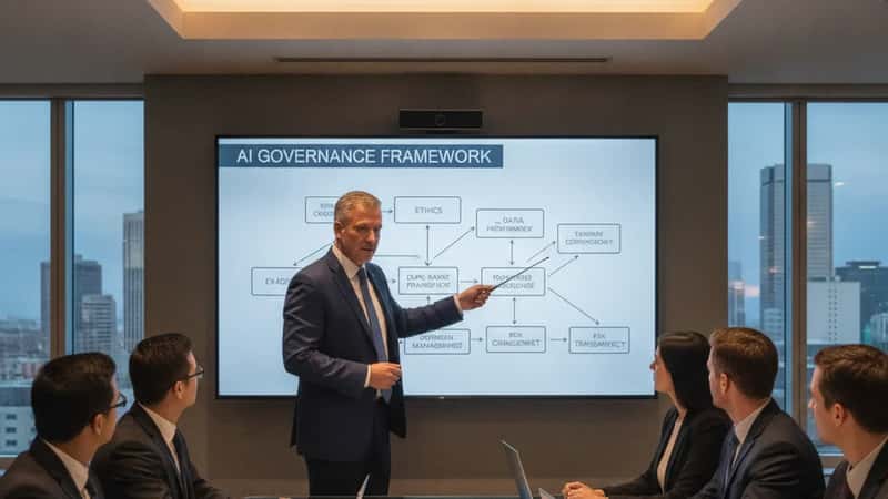 Executive presenting an AI governance framework to a compliance team in a Calgary boardroom during a Bill C-27 readiness briefing