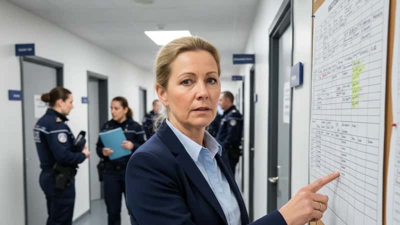 Facklig representant för Polisförbundet visar semester-schema på anslagstavla i Malmö-polisstation