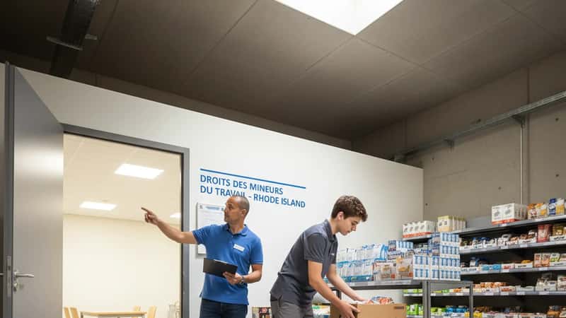 Teenage employee and supervisor at a Rhode Island grocery store with a minor labor law poster visible on the wall