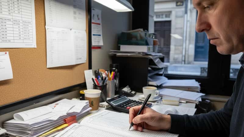A manager in Richmond, Virginia reviewing payroll adjustment forms at a restaurant back-office desk, fluorescent light, minimum wage compliance paperwork visible