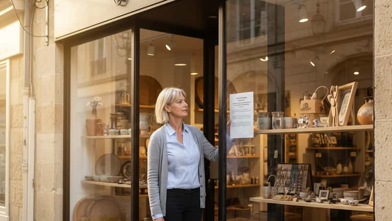 A small business owner in Roanoke, Virginia reading a labor law notice posted on her retail store entrance, morning light through glass storefront, expression of attentive responsibility
