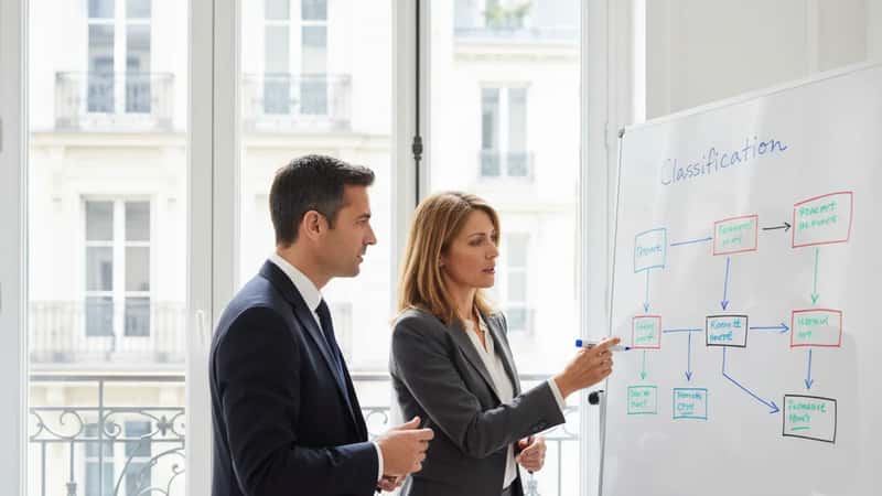 Deux professionnels RH discutant de la grille salariale d'une institution de retraite complémentaire dans une salle de réunion parisienne