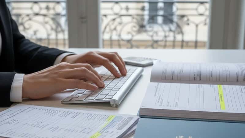 Responsable RH vérifiant une fiche de paie et des documents légaux de convention collective sur un bureau à Lyon