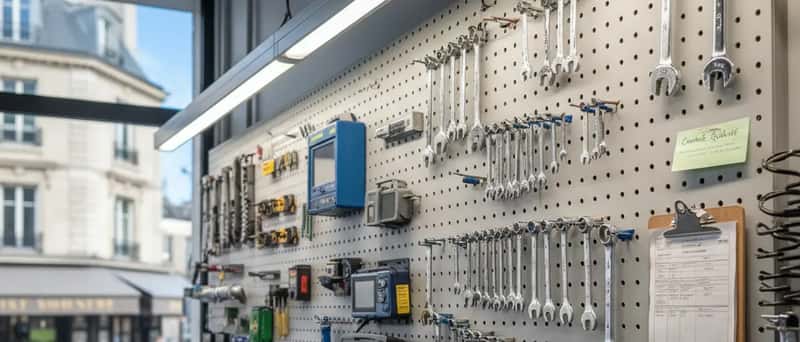 Parede de ferramentas organizadas em uma oficina mecânica brasileira, com chaves, soquetes e equipamentos de diagnóstico