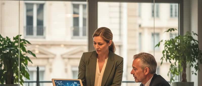 Consultante informatique expliquant un schéma réseau à un client dans un espace de coworking suisse