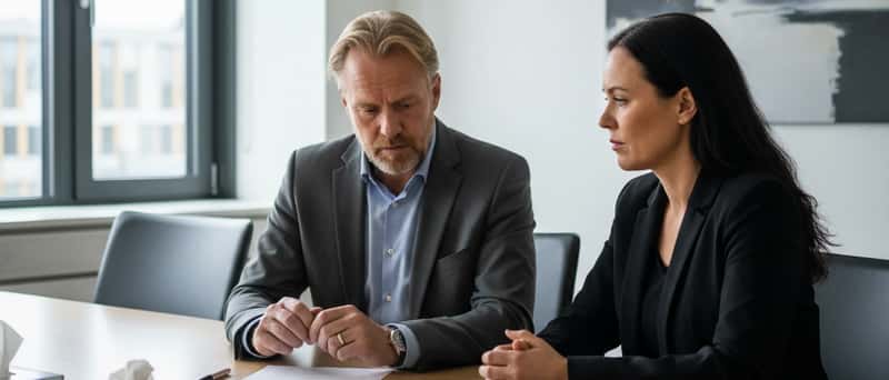 Arbeidstaker mottar oppsigelsesbrev ved kontorpult i norsk kontorlandskap