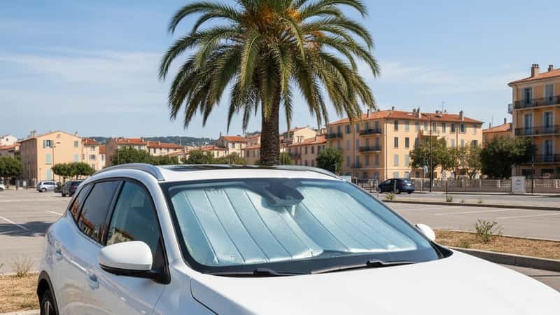 Pare-soleil réfléchissant déployé sur le pare-brise d'une voiture blanche dans un parking ensoleillé à Nice