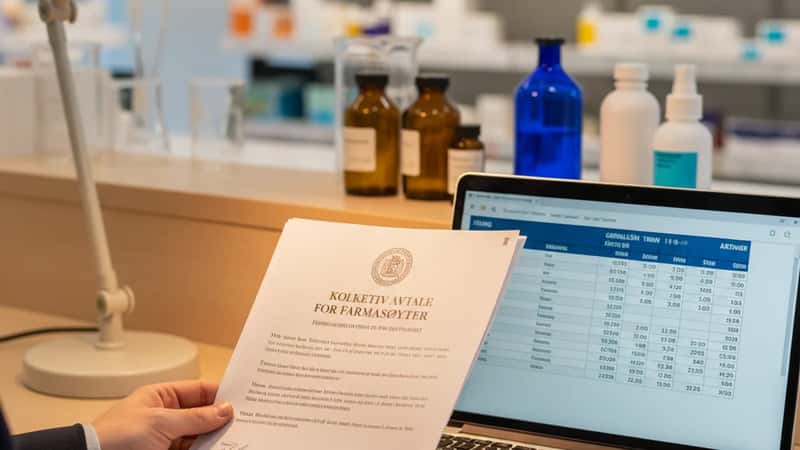 Apotektekniker i Bergen gjennomgår lønnsavtale og tariffmatrise ved ekspedisjonsdisk