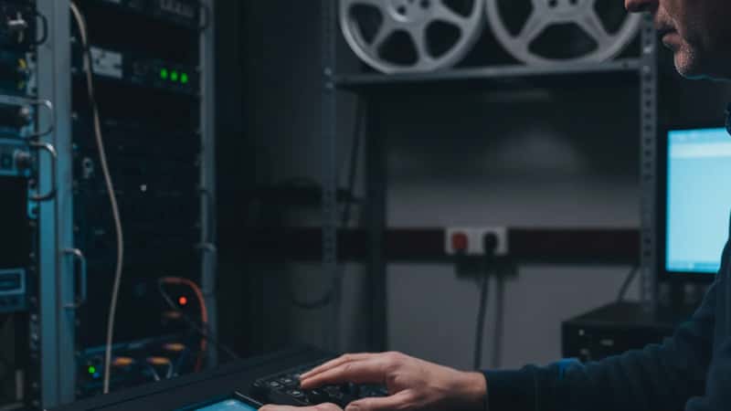 Projectionniste opérant un projecteur numérique DCP dans la cabine de projection d'un multiplexe français