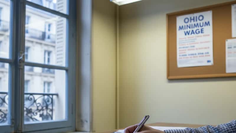 Payroll timesheet with Ohio minimum wage poster visible on corkboard in Cleveland restaurant back office