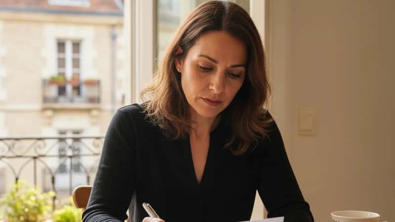 Montana employee reviewing final paycheck at kitchen table in Billings, comparing stub against handwritten checklist, warm morning light