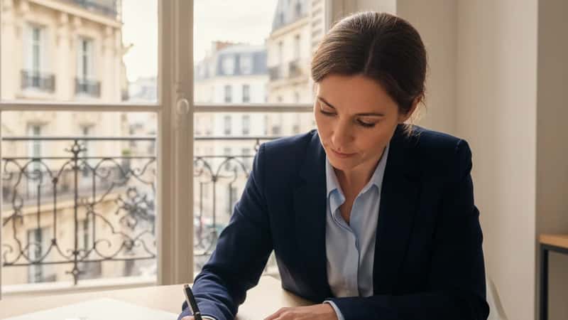 Salariée française préparant son plan de transition IA avant une réunion stratégique dans un bureau parisien