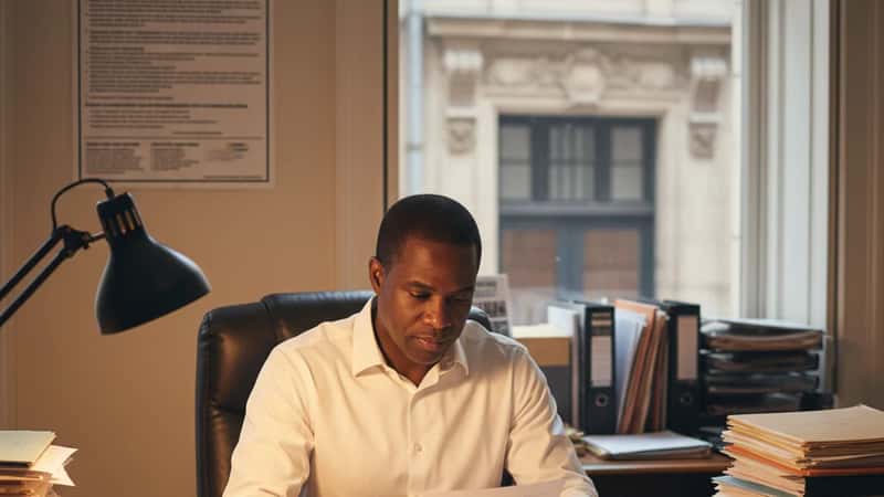 New Hampshire HR manager reviewing an employment contract under a warm desk lamp in a Manchester office