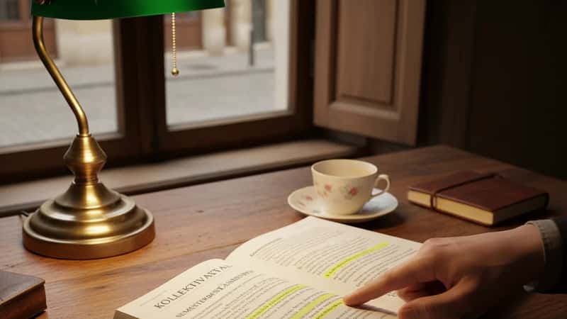 Kollektivavtalspärm öppen på semestersidor på skrivbord med hand som pekar på paragraf och penna vid sidan
