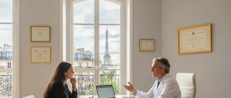 Australian GP speaking with a patient across a desk in a consultation room with warm natural light