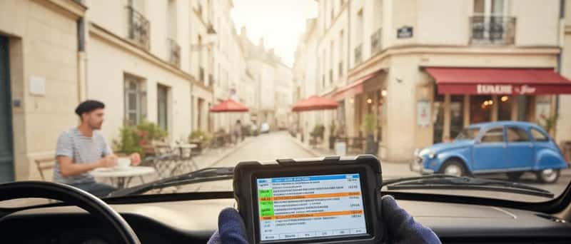 Automonteur die een OBD-diagnoseapparaat aansluit op het dashboard van een auto in een werkplaats