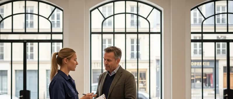 Automonteur legt een reparatieofferte uit aan een klant in de receptie van een garage